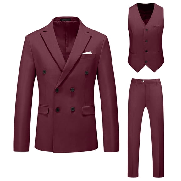 Miluxas Men's Slim Fit 2 Button 3 Piece Suit Set, Solid Blazer Jacket with Multi-Functional Inner Pockets for Business/Party Wine