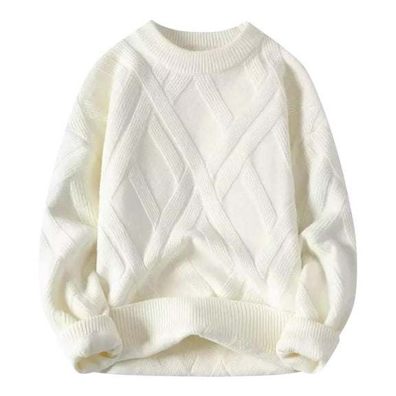 Miluxas Men's Slim Fit Crewneck Pullover Sweater Winter Casual Chunky Cable Knit Comfort Heavy Long Sleeve Sweaters White