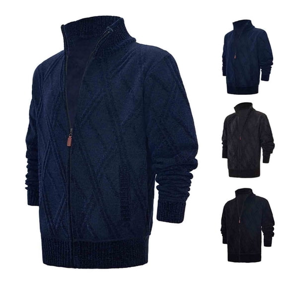 Miluxas Men's Slim Fit Full Zip Up Stand Collar Casual Knitted Sweaters Cardigan with Pockets Navy