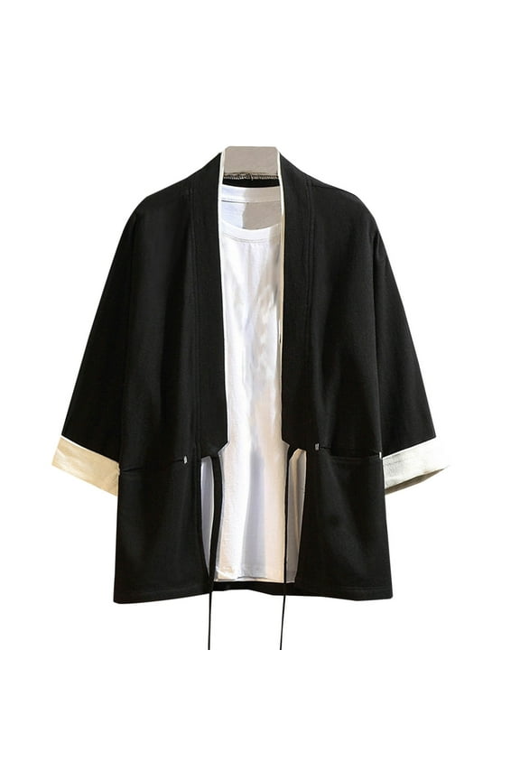Men's Solid Color Chinese Style Flared Color-Blocking Tunic Coat Black