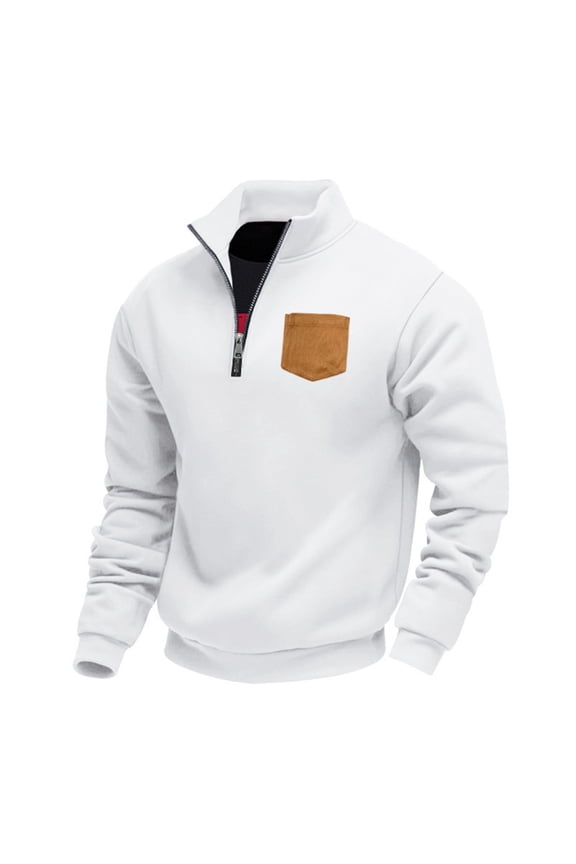 Men's Solid Color Half Zipper Stand Collar Sweatshirt Crewneck Long Sleeve Casual Fleece Sweatshirts Pullover Tops White