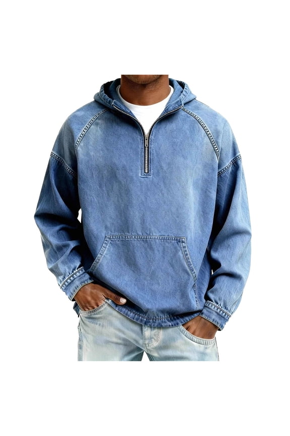 Men's Solid Color Long Sleeve Hooded Washed Distressed Denim Pullover Sweatshirt Light Blue