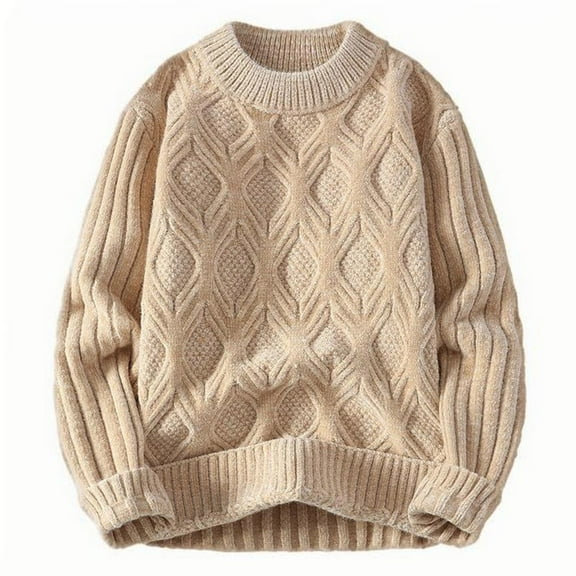 Miluxas Men's Solid Color Round Neck Pullover Knitted Sweater Fall Winter Loose Cable Khaki