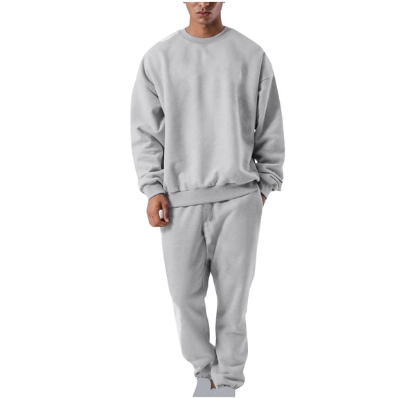 Miluxas Men's Solid Color Sweatshirt Casual Fashion Long Sleeved Round Neck Top Sweatpants 2 Piece Set Sweatsuits Gray