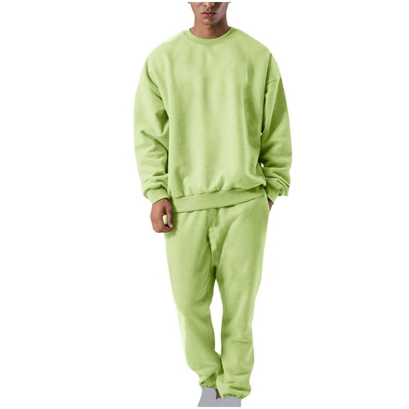 Miluxas Men's Solid Color Sweatshirt Casual Fashion Long Sleeved Round Neck Top Sweatpants 2 Piece Set Sweatsuits Green