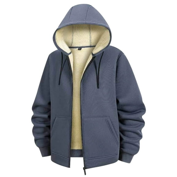Miluxas Men's Solid Color Winter Fleece Coat Hood thermal Jackets for Men Sherpa Cotton Lined Thick Outerwear Hoodie Tops Blue