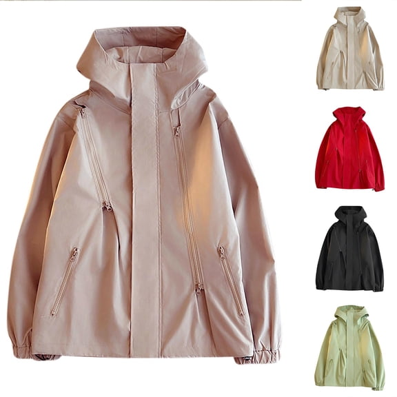 Miluxas Men's Solid Jacket Vintage Hooded Windbreaker Outdoor Loose Zip Up Coat Red