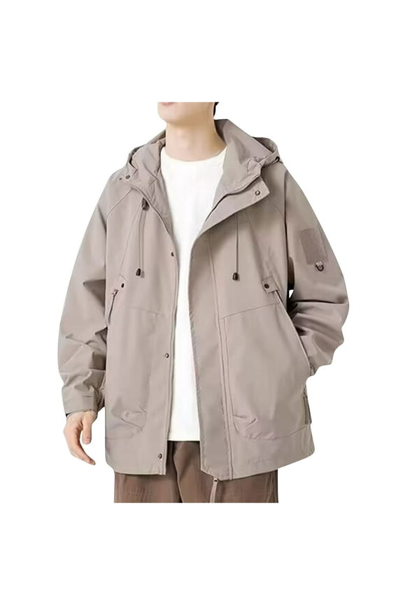 Men's Solid Thin Loose Jackets Windbreaker Couple Model Zipper Hiking Outdoor Coats Khaki