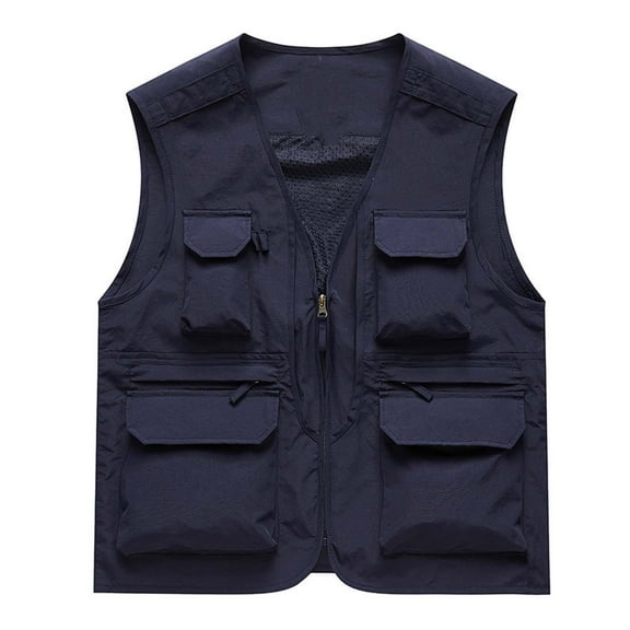 Miluxas Men's Spring Sleeveless Many Pocket Stand Collar Vest Jackets Solid Color Outdoors Fishing Cargo Vest Jackets Dark Blue