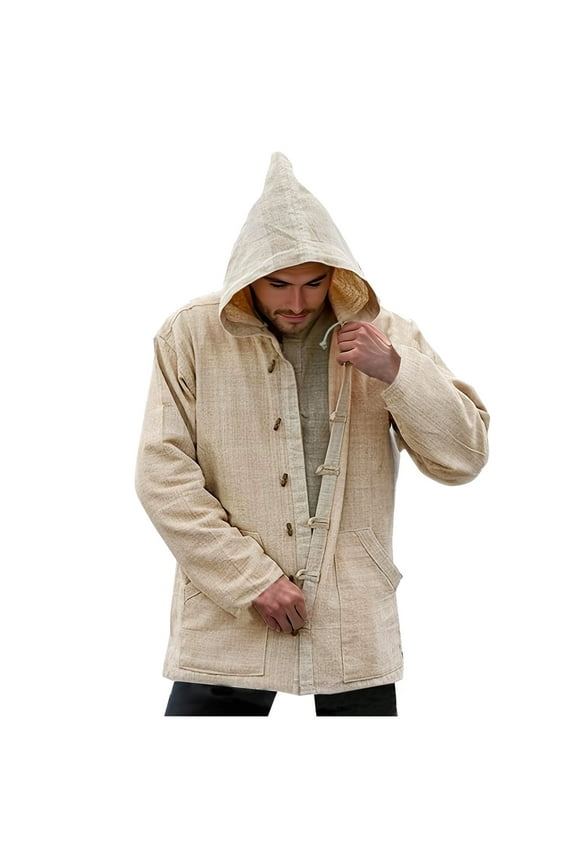 Men's Spring and Autumn Solid Color Pocket Button Retro Hemp Cotton Hoodie Casual Coat Khaki