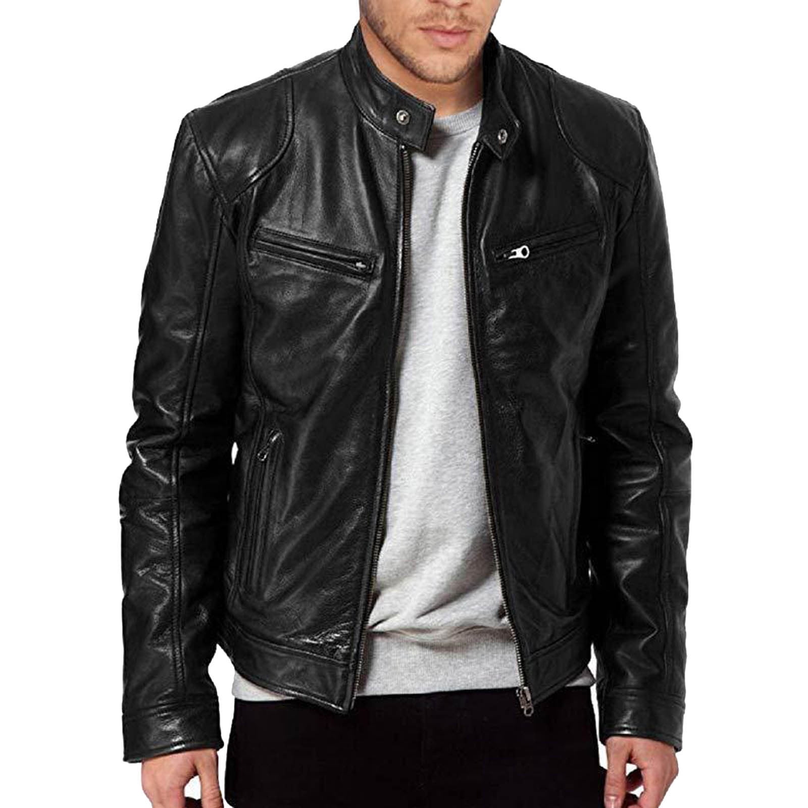 Miluxas Men's Stand Collar Leather Jacket Motorcycle Lightweight Faux Leather Outwear Black XXL(XXL)