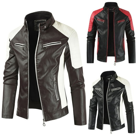 Miluxas Men's Stand Collar PU Leather Jacket Fall Trendy Color Block Motor Biker Jacket Full Zip Outerwear Coats Red