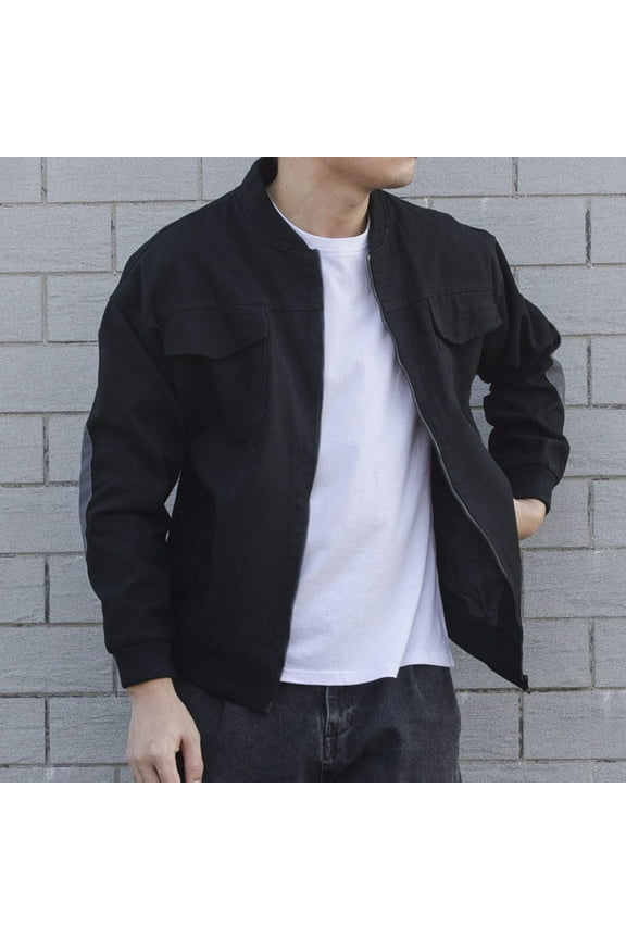 Men's Stand-Up Collar Striped Zipper Knit Jacket Classic Patchwork Zipper Long Sleeve Sports Coat Black