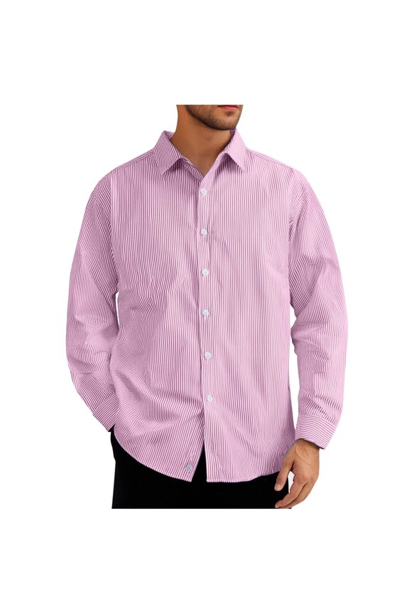 Men's Striped Button Down Dress Shirt Long Sleeve Collared Business Casual Shirts Top Pink