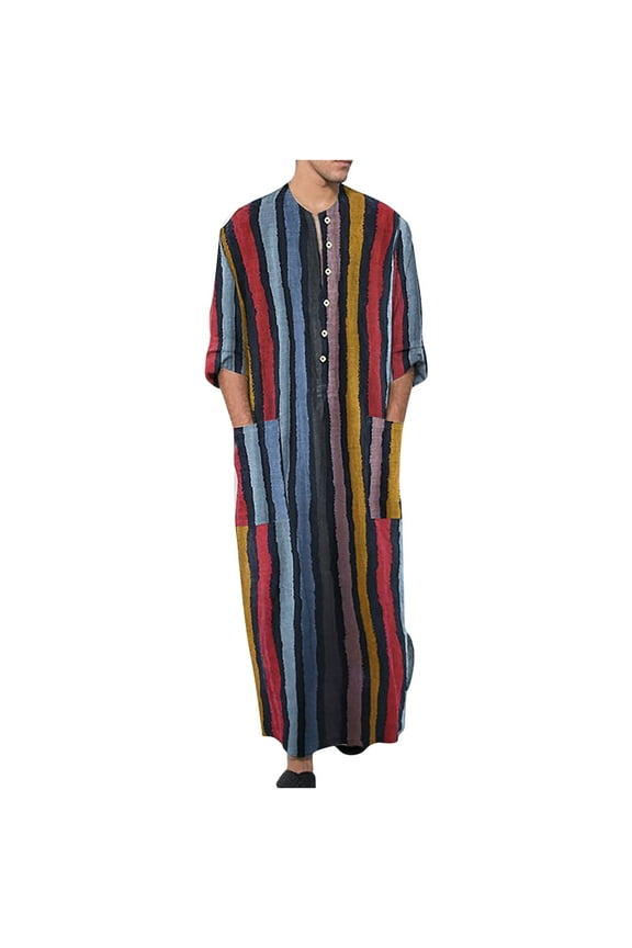Men's Striped Robe Button Up Long Sleeve Kaftan Thobe Splits Long Gown Casual Shirt Red