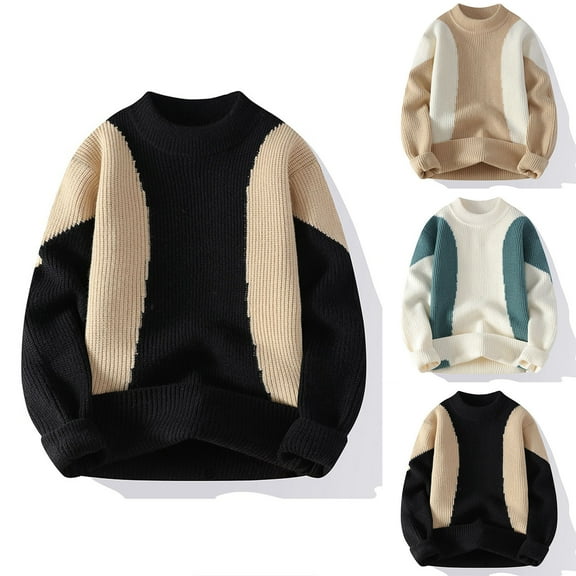 Miluxas Men's Striped Sweaters Long Sleeve Round Neck Knitted Pullover Tops White