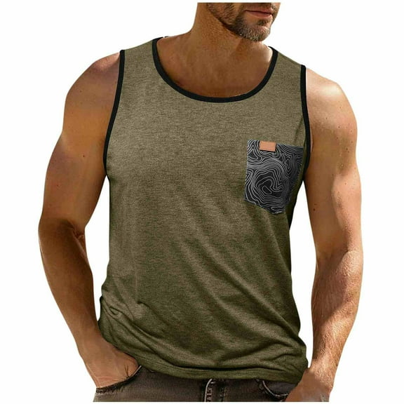Miluxas Men's Summer Sleeveless Tops Solid Color Pocket Tank Top Sports Training Shirts for Men Army Green XXXL(XXXL)
