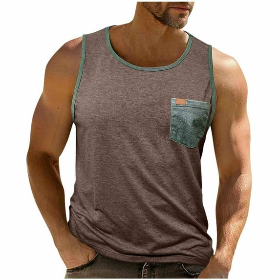 Miluxas Men's Summer Sleeveless Tops Solid Color Pocket Tank Top Sports Training Shirts for Men Coffee XXL(XXL)