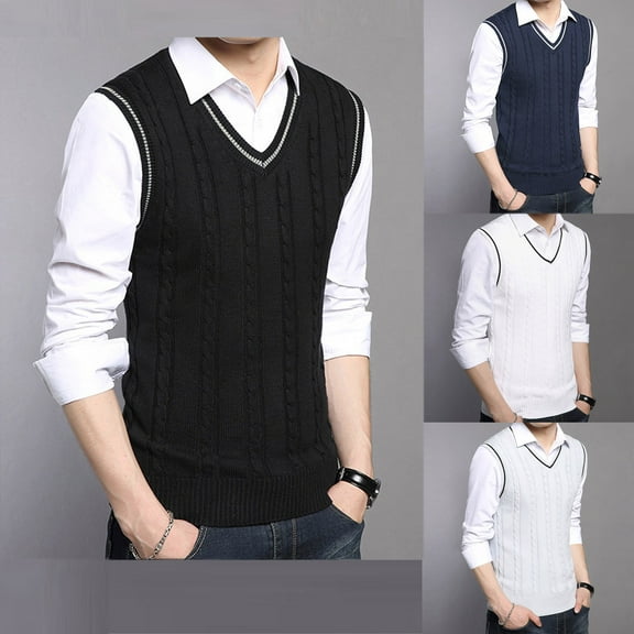 Miluxas Men's Sweater Vest V Neck Casual Sleeveless Pullover Striped Cable Knit Sweater Vest White