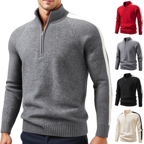Miluxas Men's Sweaters 1/4 Zip Cotton Sweater Pullover Polo Sweaters Striped Fall Winter Warm Sweatshirts Red