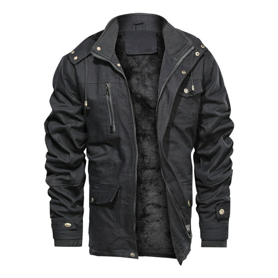 Miluxas Men's Thick Winter Jackets with Hood Fleece Lining Cotton Military Jackets Work Coats with Cargo Pockets Outwear Black