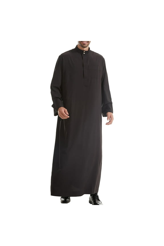 Men's Thobe Muslim Clothes Long Sleeve Middle East Saudi Kaftan Islamic Abaya Dubai Arab Robe Black