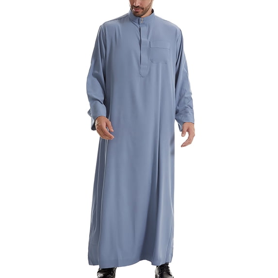 Miluxas Men's Thobe Muslim Clothes Long Sleeve Middle East Saudi Kaftan Islamic Abaya Dubai Arab Robe Blue Grey