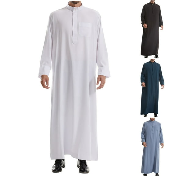 Miluxas Men's Thobe Muslim Clothes Long Sleeve Middle East Saudi Kaftan Islamic Abaya Dubai Arab Robe White