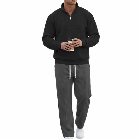 Miluxas Men's Tracksuit 2 Piece Quarter Zip Sweatsuit Workout Plaid Jacquard Jogging Suit Set Gray