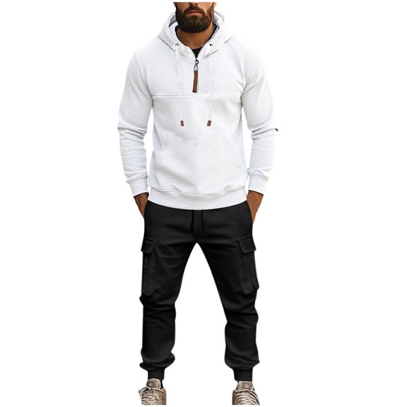 Miluxas Men's Tracksuits Long Sleeve Casual Sweatsuits Quarter Zip Hoodie with Track Pants 2 Piece Outfits White
