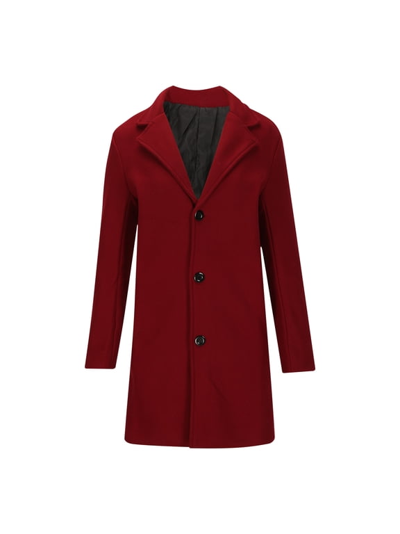 Men's Trench Coat Long Wool Blend Overcoat Slim Fit Down Topcoat Red