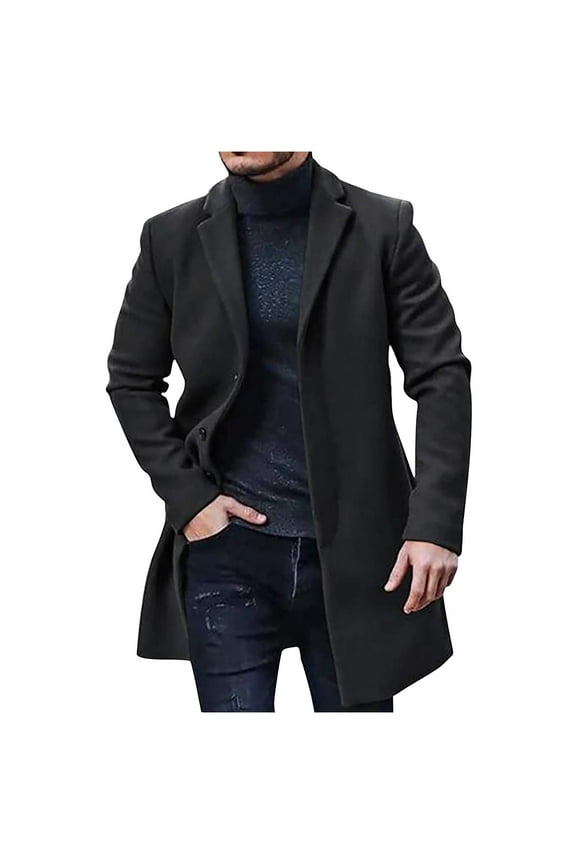 Men's Trench Coat Wool Blend Slim Fit Top Coat Single Breasted Business Overcoat Black