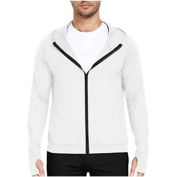 Miluxas Men's UPF 50  Light Jacket Full Zip Sun Protection Hoodie Quick Dry Athletic Long Sleeve Shirts Hiking Fishing Running White