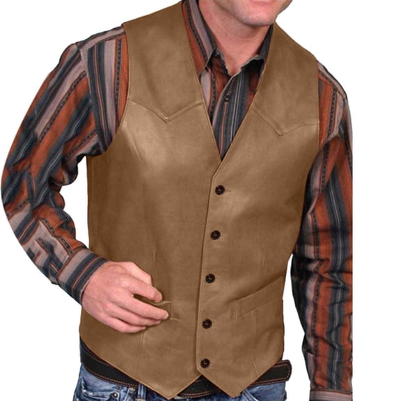 Miluxas Men's V Neck Western Cowboy Vest Faux Leather Suit Vest Button Down Waistcoat Slim Fit Vintage Sleeveless Vest Jacket Coffee