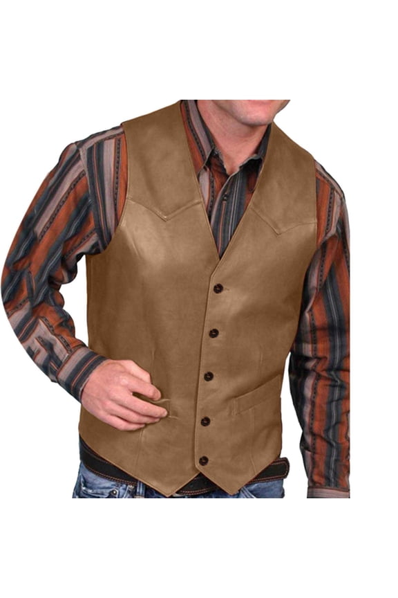 Men's V Neck Western Cowboy Vest Faux Leather Suit Vest Button Down Waistcoat Slim Fit Vintage Sleeveless Vest Jacket Coffee