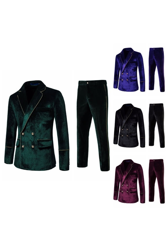 Men's Velvet Suit Slim Fit 2 Piece Set - Double Breasted formal Tuxedo for Wedding, Prom, Party Includes Jacket & Pant Wine
