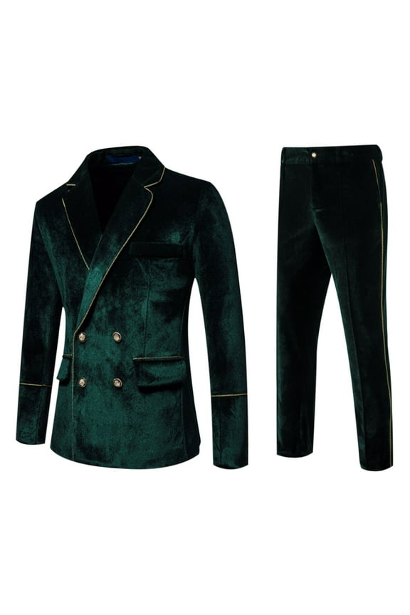 Men's Velvet Suit Slim Fit 2 Piece Set - Double Breasted formal Tuxedo for Wedding, Prom, Party Includes Jacket & Pant dark green