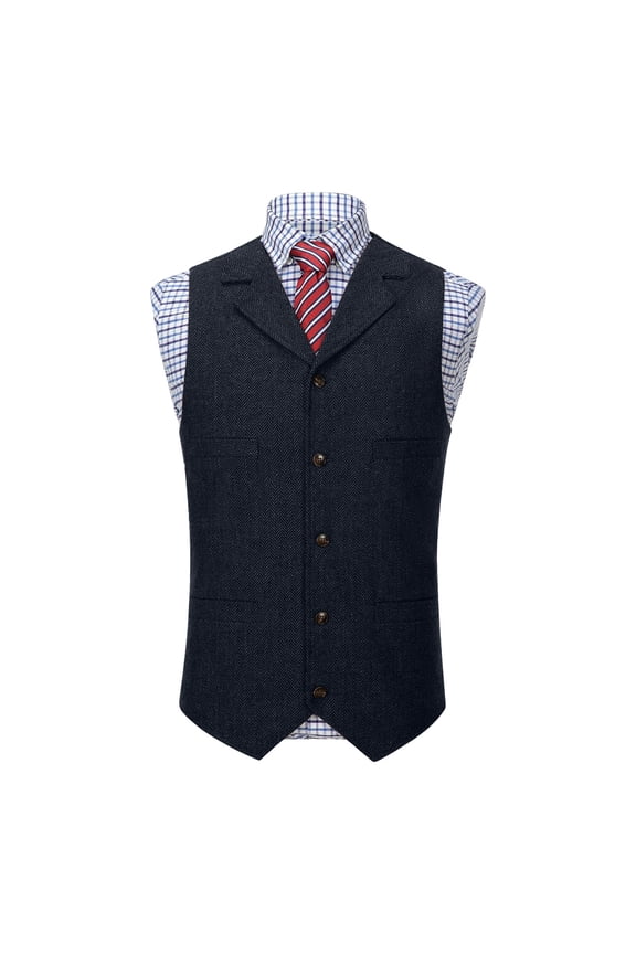 Men's Vintage Slim Single Breasted Fit Wool Herringbone Tweed for Wedding & Business Wearing Vest Navy