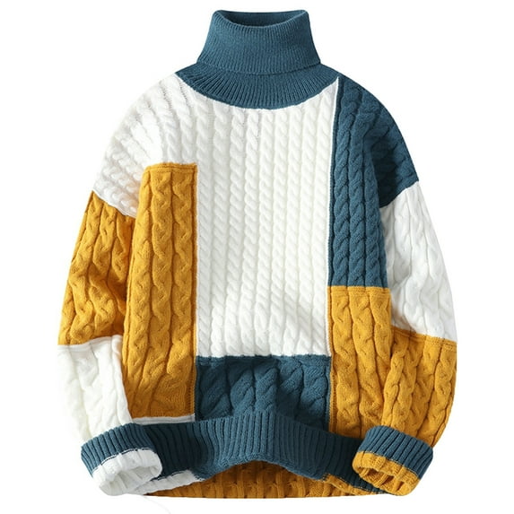 Miluxas Men's Vintage Twist High Neck Sweater Loose Fit Knit Pullover Fall Winter Patchwork Jumper Blue