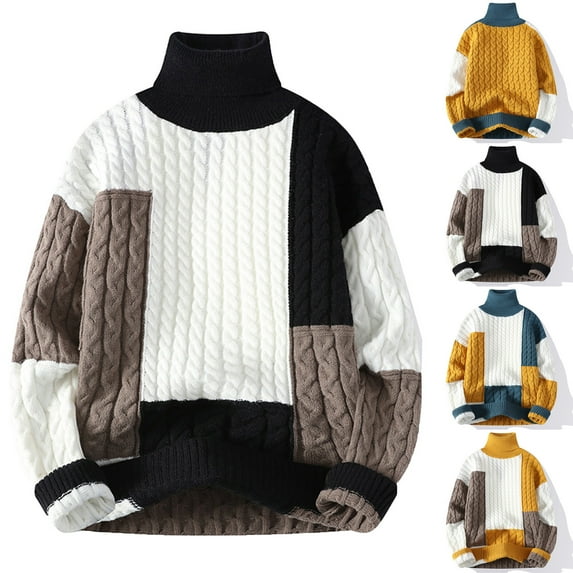 Miluxas Men's Vintage Twist High Neck Sweater Loose Fit Knit Pullover Fall Winter Patchwork Jumper Yellow
