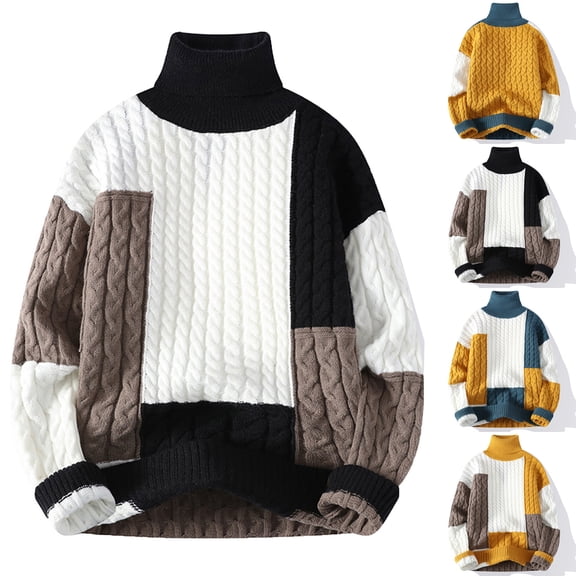 Miluxas Men's Vintage Twist High Neck Sweater Loose Fit Knit Pullover Fall Winter Patchwork Jumper Yellow