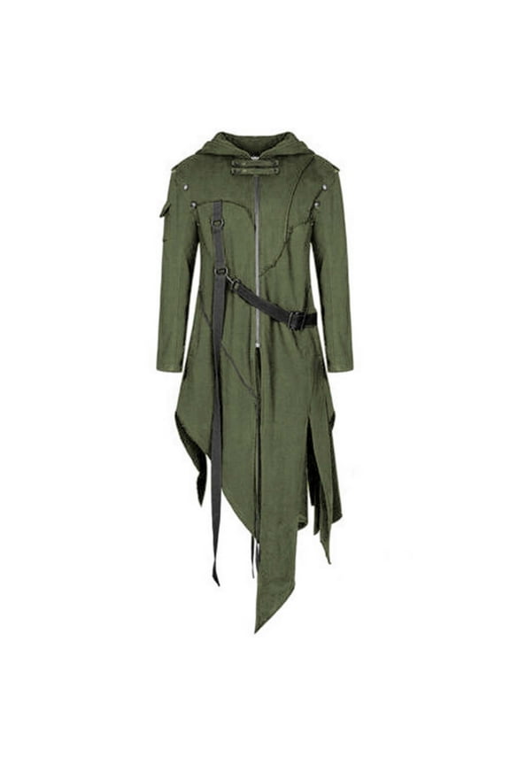 Men's Vintage Zipper Up Asymmetrical Hoodie Jacket Gothic Punk Long Jackets Cosplay Medieval Goth Halloween Party Army Green