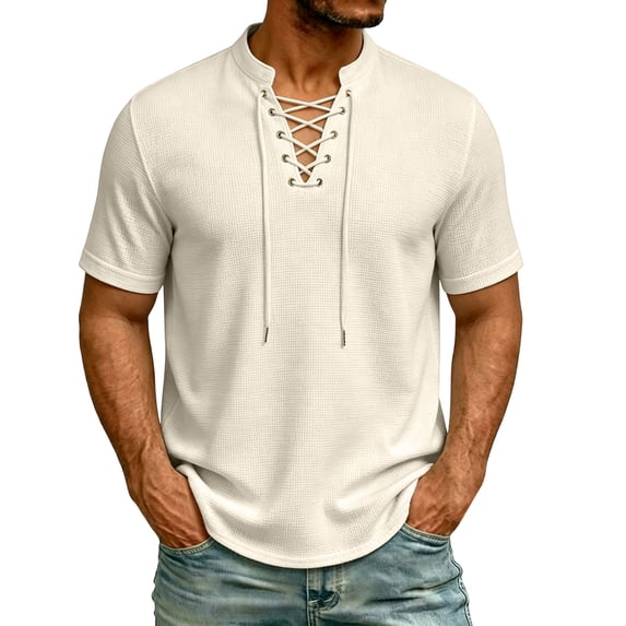 Miluxas Men's Waffle Knit Lace-Up Henley Shirt, Short Sleeve Summer Casual Top, Stand Collar Drawstring Tee for Spring & Summer Daily Wear Beige M(M)