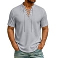 thumbnail image 1 of Miluxas Men's Waffle Knit Lace-Up Henley Shirt, Short Sleeve Summer Casual Top, Stand Collar Drawstring Tee for Spring & Summer Daily Wear Gray L(L), 1 of 9