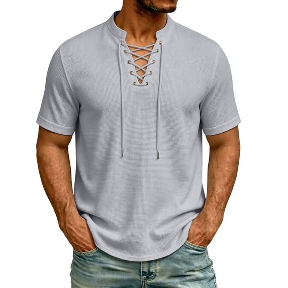 Miluxas Men's Waffle Knit Lace-Up Henley Shirt, Short Sleeve Summer Casual Top, Stand Collar Drawstring Tee for Spring & Summer Daily Wear Gray L(L)