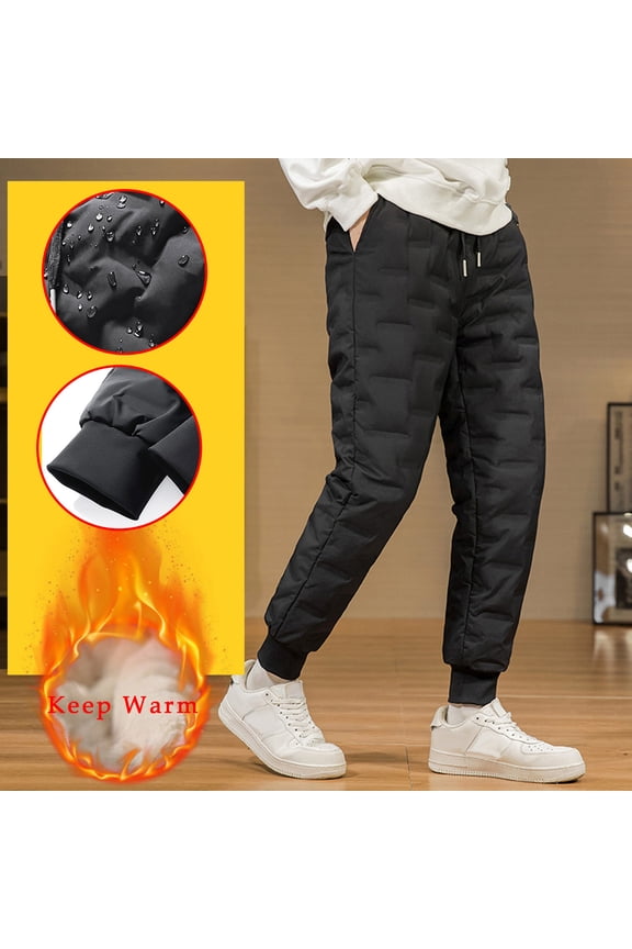 Men's Warm Down Pants Packable Winter Snow Puffer Pant Thickened Fleeced Lined Quilted Ski Insulation Pants Trousers Black