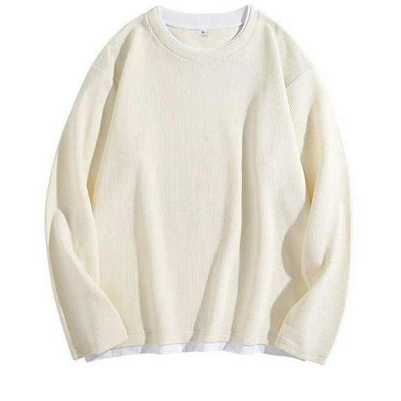 Miluxas Men's Waverg Casual Long Sleeve T-Shirt Fake Two Piece Cotton Shirt Pullover Top Blouse Beige