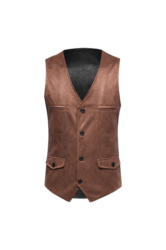 Men's Western Cowboy Suit Vest Slim Fit Faux Suede Leather Dress Vests Waistcoat for Wedding Khaki
