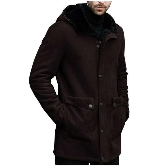 Miluxas Men's Winter Coats Suede Full Zip Thicken Windbreak Fleece Lining Trench Coat Jacket Warm Parka Outwear with Hooded Coffee