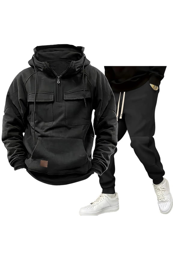 Men's Winter Fleece Multi Pocket Zipper Sweatshirt 2 Piece Set Personalized Sweatpants Casual Sweatsuits Hoodie Black